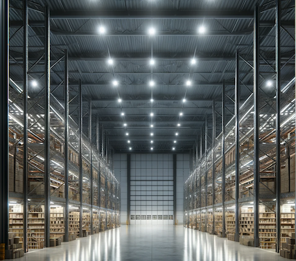 a large warehouse with shelves and boxes